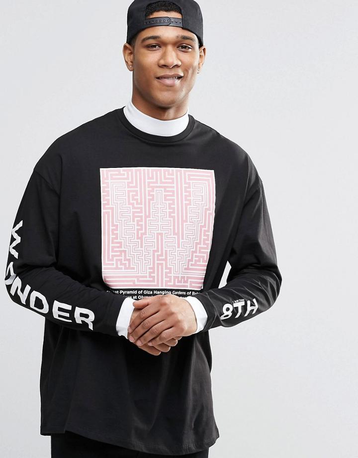 Asos Oversized Long Sleeve T-shirt With Print And Double Layer Effect - Black