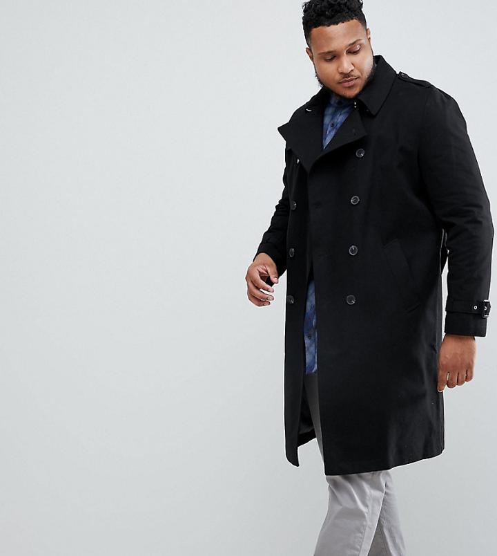 Asos Design Plus Shower Resistant Longline Trench Coat With Belt In Black - Black