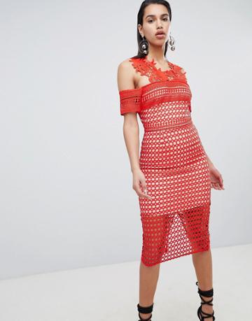 The 8th Sign Pencil Dress With Lace Embroidered Detail - Red