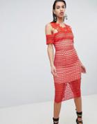 The 8th Sign Pencil Dress With Lace Embroidered Detail - Red