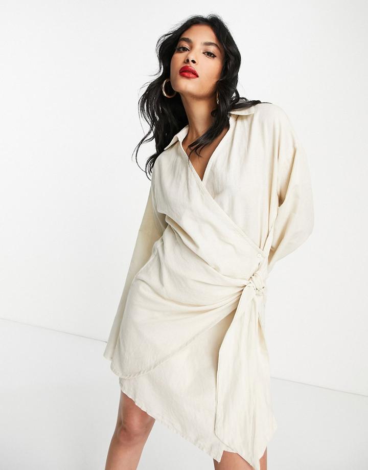 Pretty Lavish Collared Wrap Mini Dress In Sand-neutral