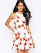 Ax Paris Halterneck Cami Dress In Rose Print - Cream