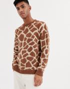 Asos Design Knitted Crew Neck Sweater In Giraffe Design - Brown