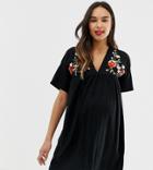 Asos Design Maternity Embroidered Ultimate Cotton Smock Dress - Black