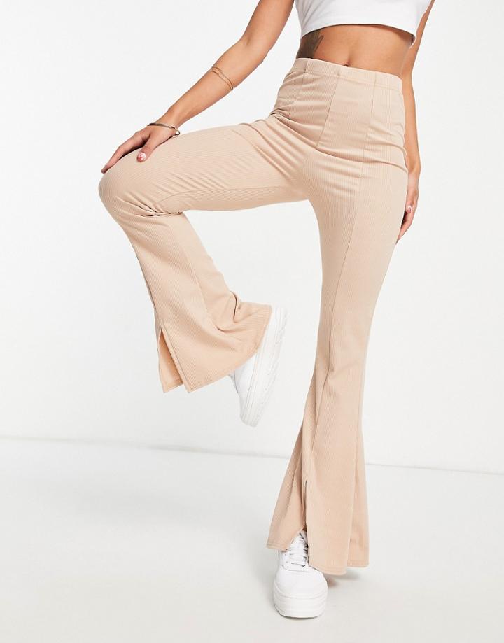 Miss Selfridge Ribbed Split Front Pant In Stone-multi