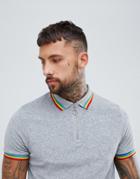 Asos Design Polo Shirt In Towelling With Rainbow Collar And Cuff In Gray - Gray