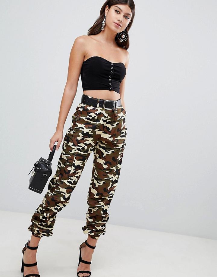 Prettylittlething Cargo Pants In Camo - Stone