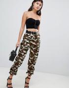 Prettylittlething Cargo Pants In Camo - Stone