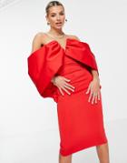 Asos Design Off Shoulder V Wire Draped Sleeve Midi Pencil Dress In Red