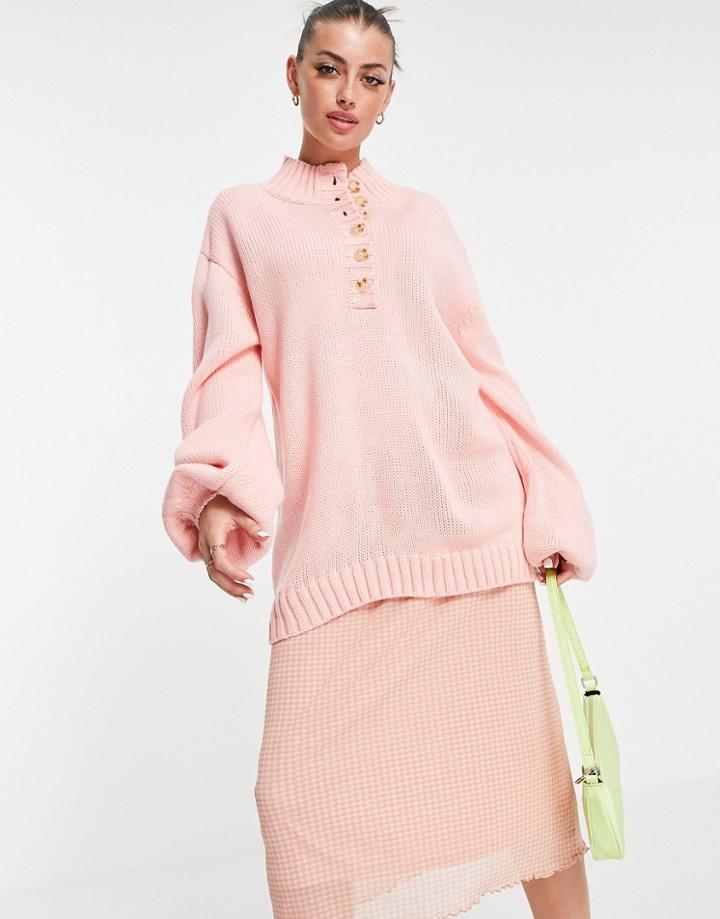 Annorlunda Oversized Sweatshirt With High Button Neck-pink