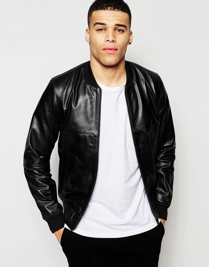 Asos Leather Bomber Jacket In Black - Black