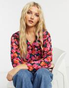 New Look Wrap Blouse In Bright Floral Print-black