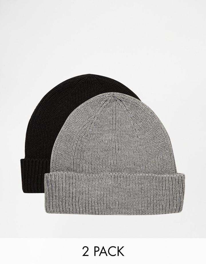 Asos Fisherman Beanie Hat 2 Pack In Black And Gray Save 17%
