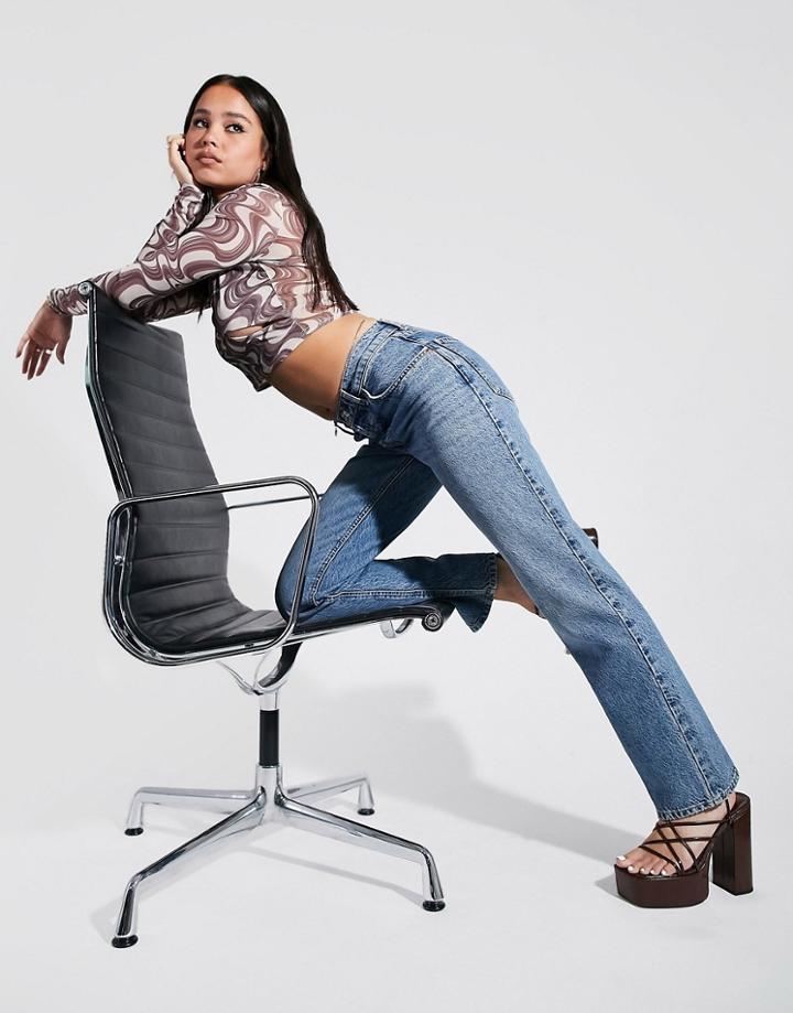 Asos Design Cotton Blend Low Rise Straight Leg Jeans In Midwash Blue - Lblue-blues