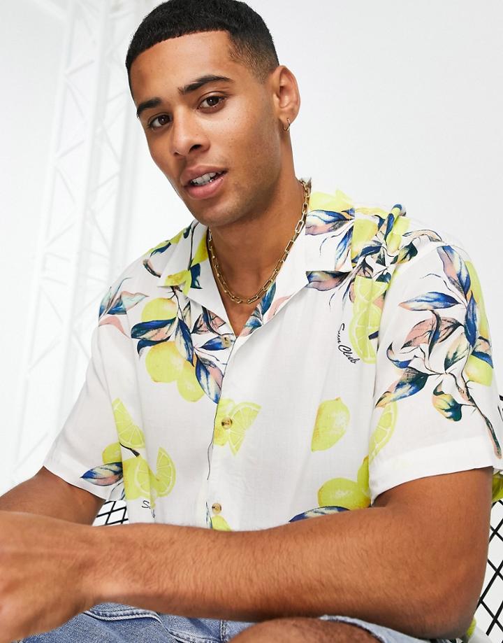 Jack & Jones Originals Camp Collar Shirt In Lemon Print-white