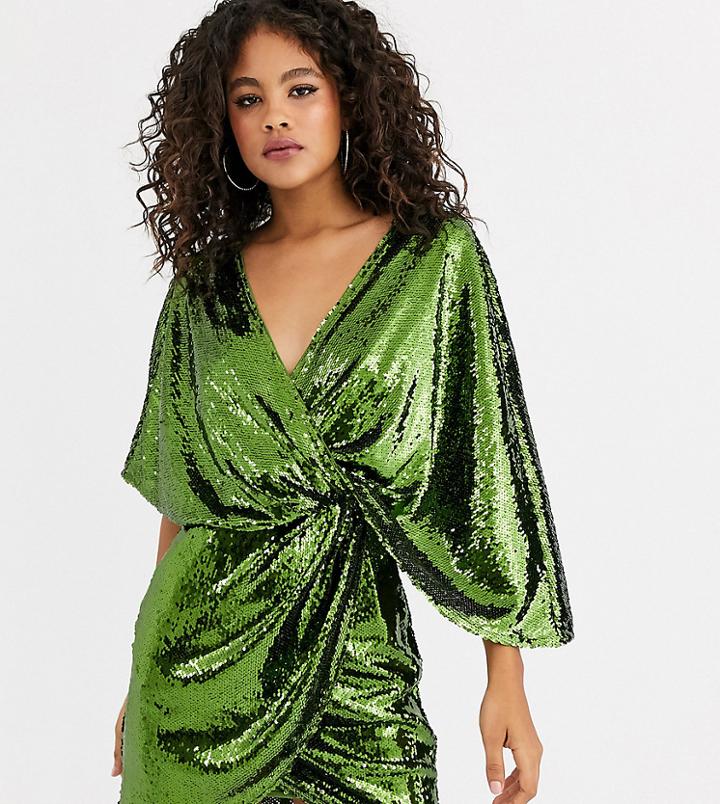 Asos Design Tall Sheet Sequin Mini Dress With Asymmetric Kimono Sleeve
