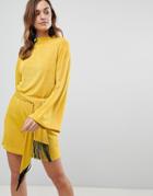 Asos Kimono Sleeve Mini Dress With Self Tie Fringe Belt - Yellow