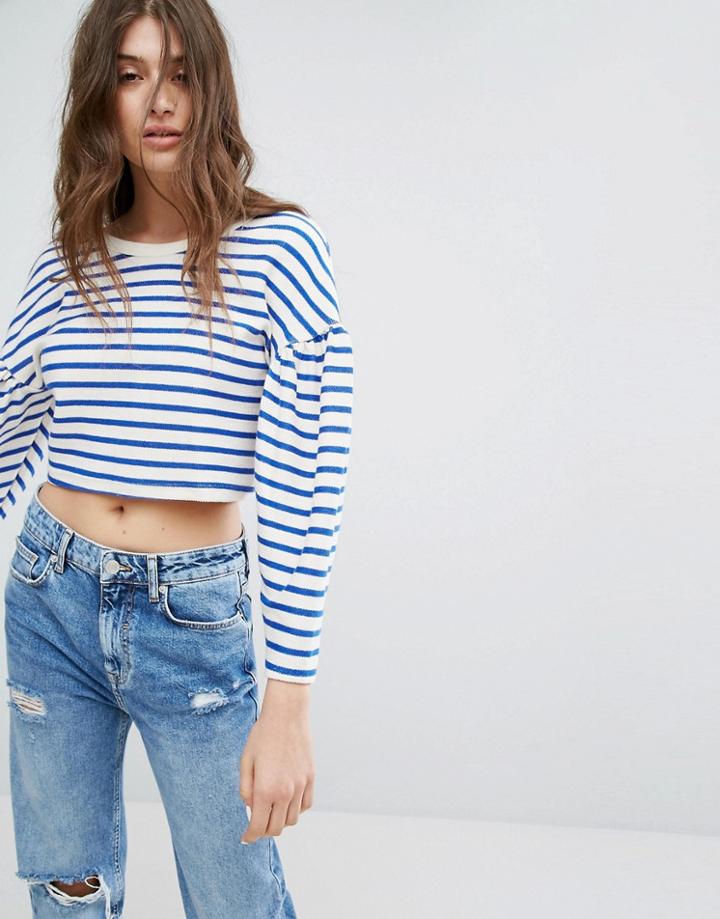 Bershka Stripe Balloon Sleeve Sweater - Blue