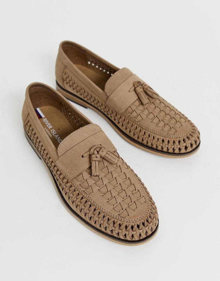 River Island Leather Woven Tassel Front Loafers - Stone