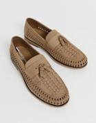 River Island Leather Woven Tassel Front Loafers - Stone