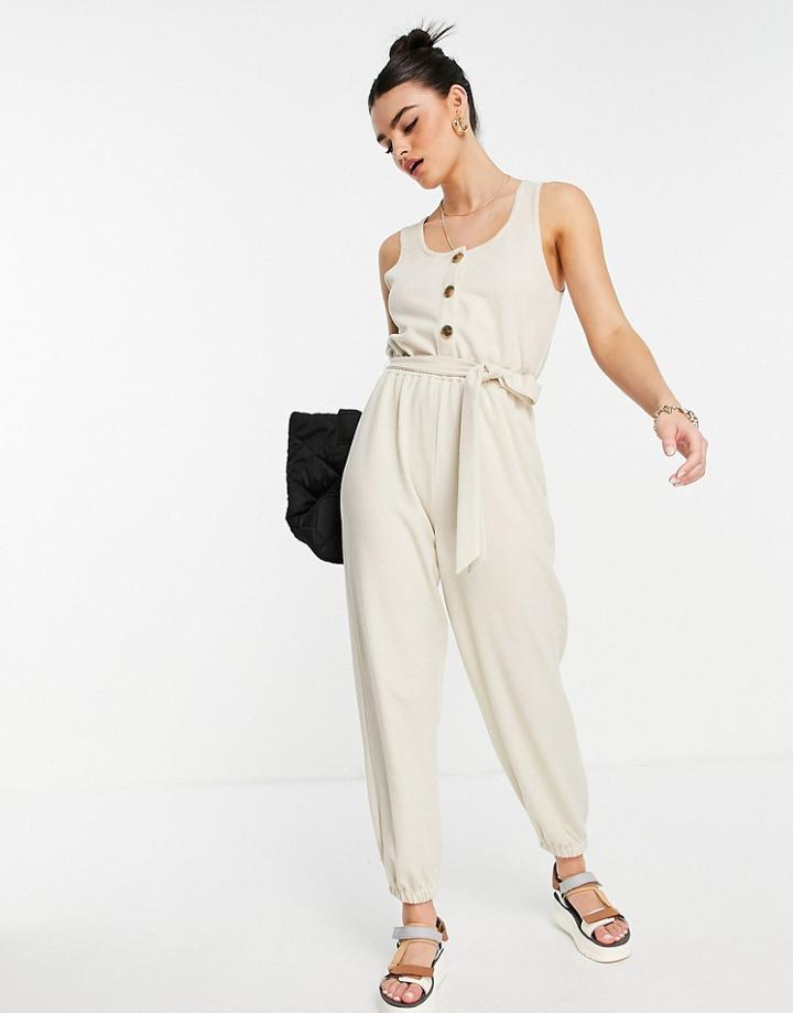 Asos Design Button Through Cuffed Jumpsuit In Oatmeal-neutral