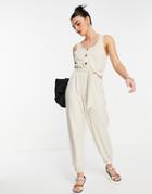 Asos Design Button Through Cuffed Jumpsuit In Oatmeal-neutral