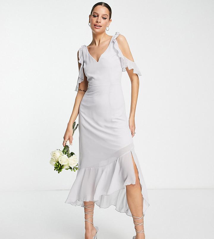 Little Mistress Tall Bridesmaid Cold Shoulder Midi Dress In Light Gray