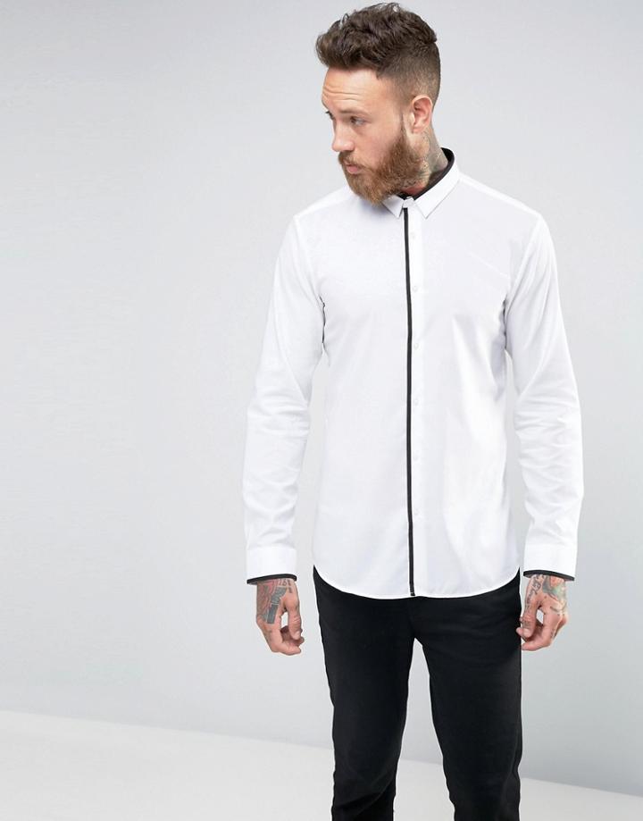 Boss Orange Shirt With Button Down Collar And Piping In Slim Fit - White