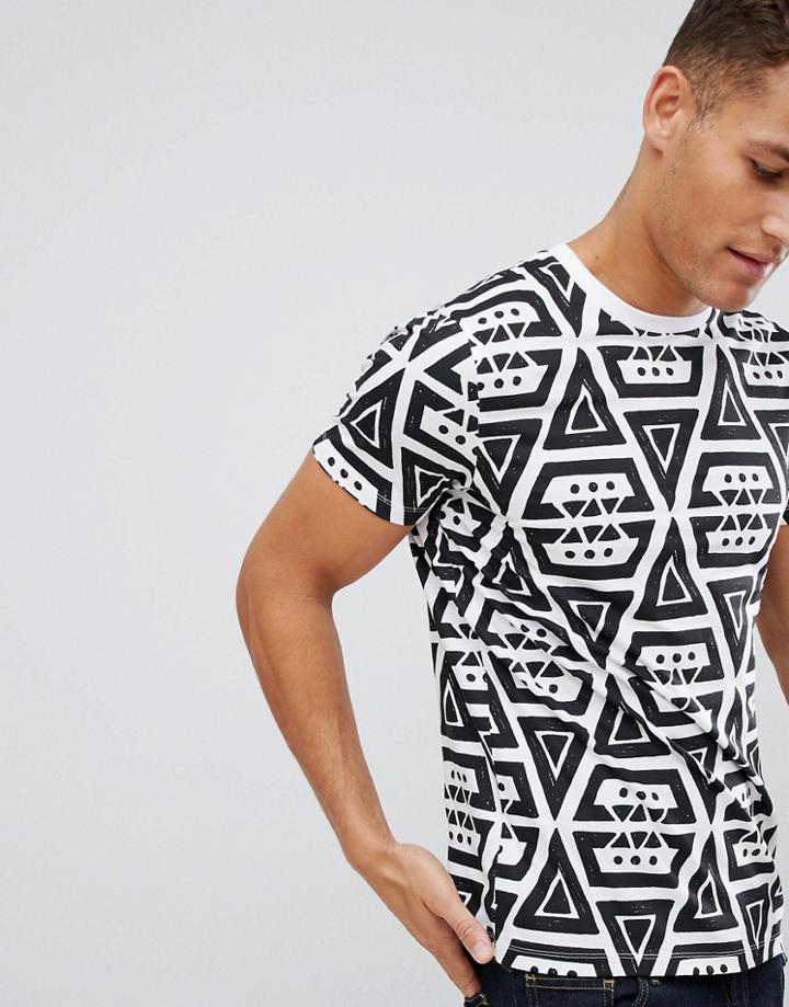 Asos Design T-shirt With All Over Mono Geo-tribal Print - White
