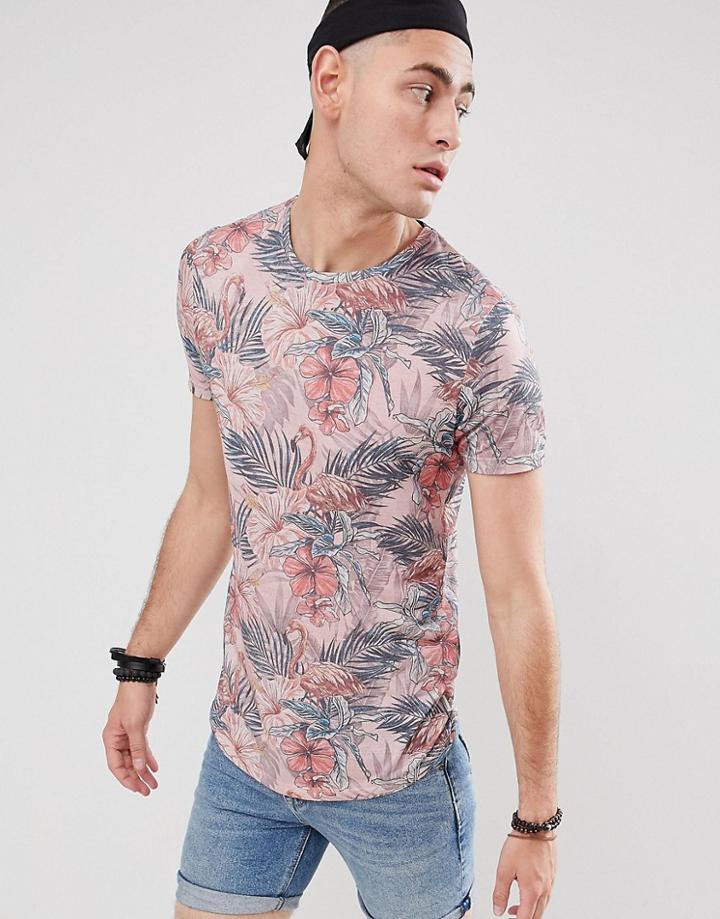 Jack & Jones Originals T-shirt With All Over Print And Curved Hem - Pink