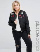 Brave Soul Plus Bomber Jacket With Badges - Black