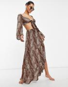 Asos Design Beach Co-ord Maxi Skirt In Natural Leopard Print-multi