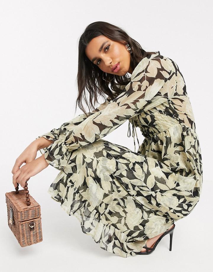 River Island Lorna Long Sleeve Printed Smock Dress In Black