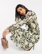 River Island Lorna Long Sleeve Printed Smock Dress In Black