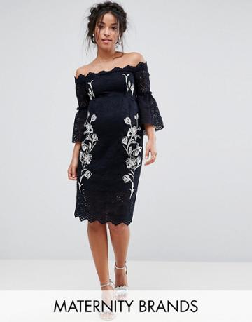 Hope & Ivy Maternity Bardot Lace Pencil Dress With Embroidery - Navy