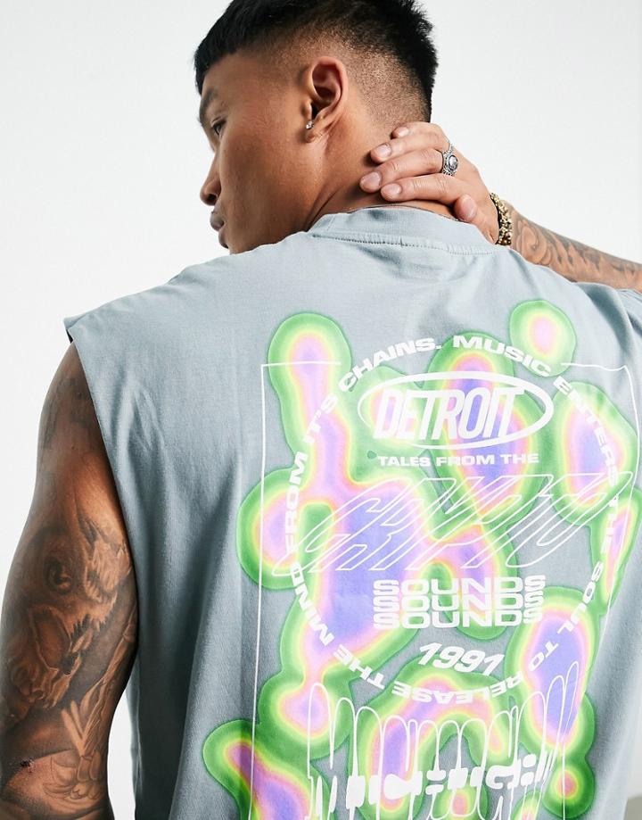 Asos Design Oversized Tank Top In Light Blue With Marble Graphic Back Print