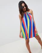 Asos Design Twist Halterneck Swing Sundress In Rainbow Stripe - Multi