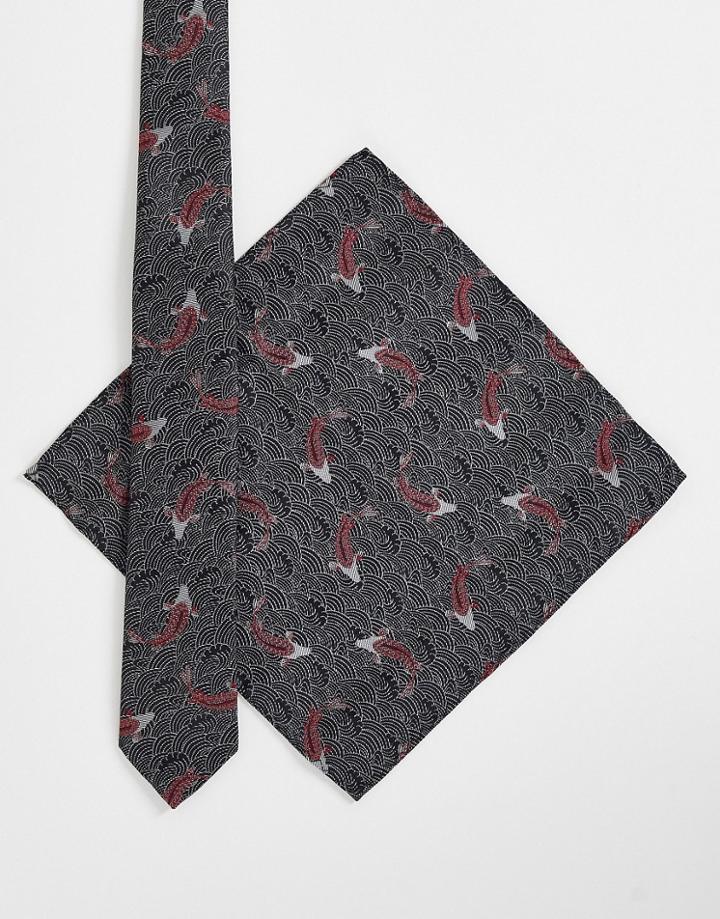 Twisted Tailor Tie Set In Black With Koi Fish Design