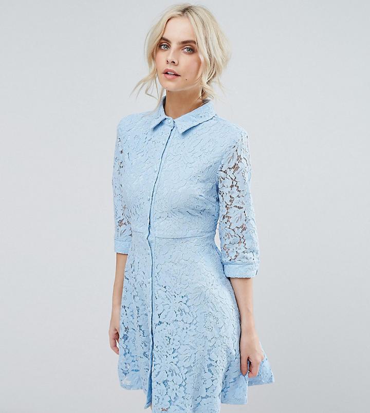 City Goddess Petite Skater Shirt Dress In All Over Lace - Blue