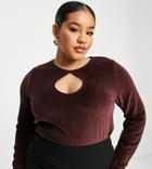 Asos Design Curve Top In Long Sleeve With Keyhole In Velour In Brown