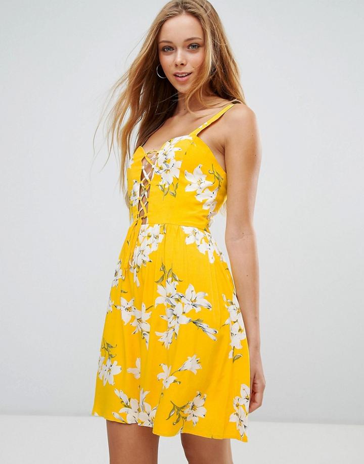 Parisian Criss Cross Front Floral Skater Dress - Yellow