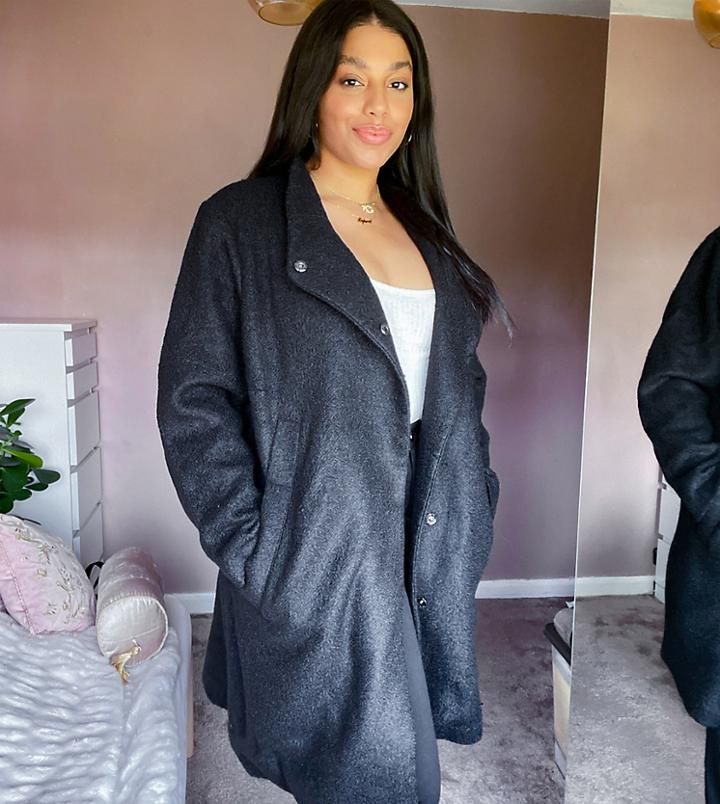 Junarose Funnel Neck Coat In Black