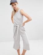 Daisy Street Jumpsuit In Rib With Tie Waist - Gray