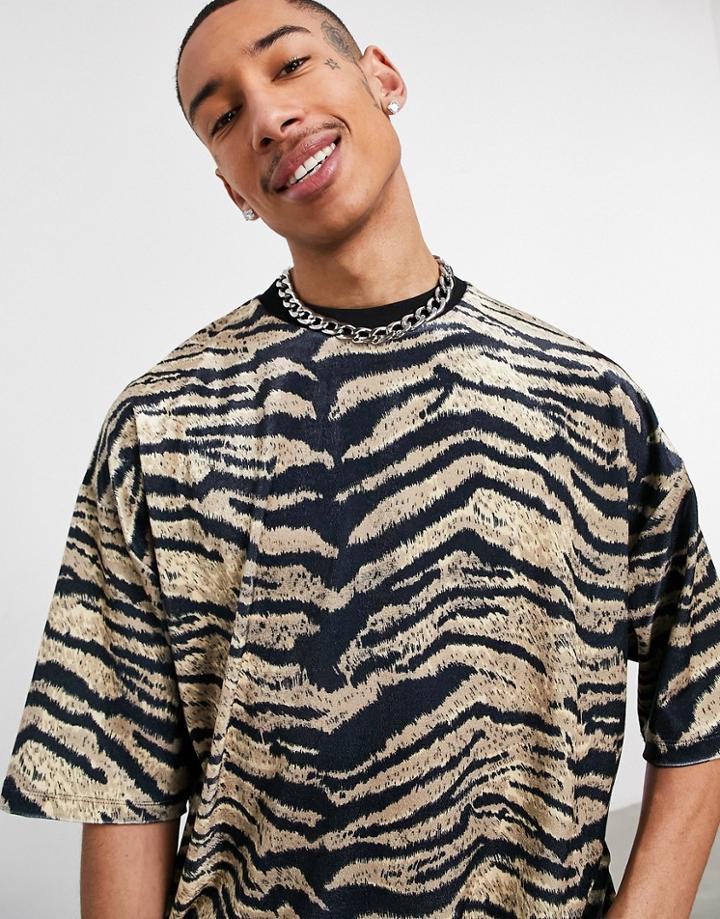 Asos Design Oversized T-shirt In All Over Tiger Velour-multi