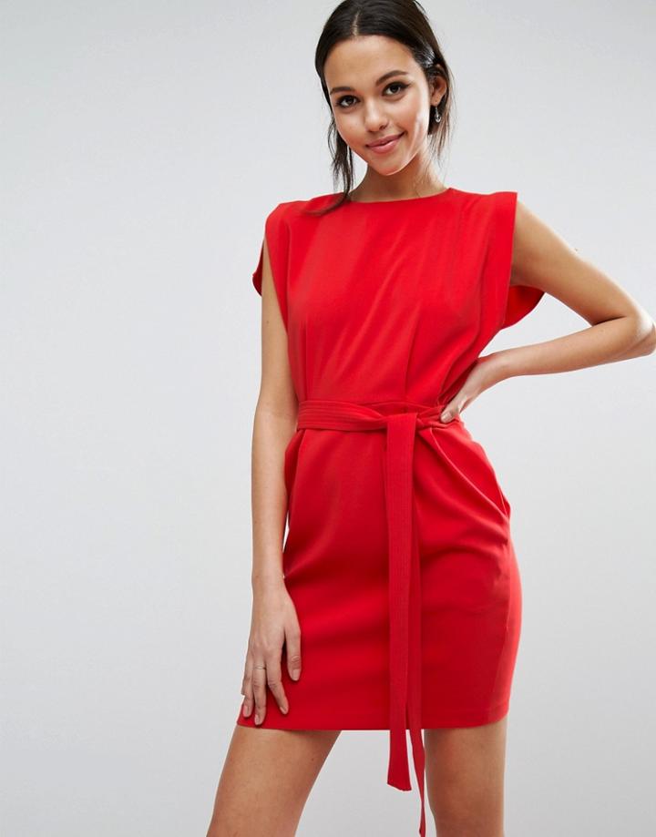 Asos Belted Mini Dress With Split Cap Sleeve And Pencil Skirt - Red