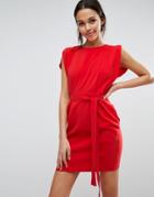 Asos Belted Mini Dress With Split Cap Sleeve And Pencil Skirt - Red