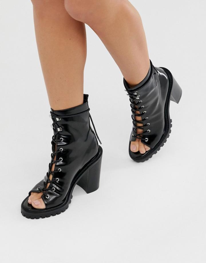 Asos Design Emma Peep Toe Chunky Lace Up Boots In Black - Black