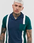 Asos Design Polo Shirt With Vertical Panels In Navy - Navy
