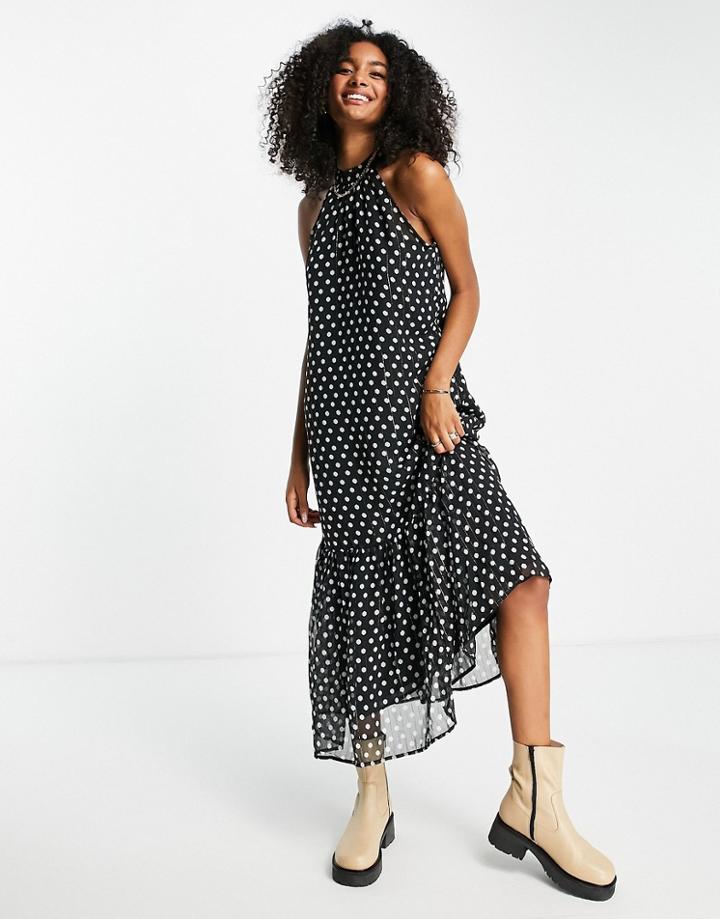 River Island Sleeveless Halter Neck Spot Midi Dress In Black