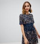 Lace & Beads Scatter Embellished Mini Dress In Navy - Navy